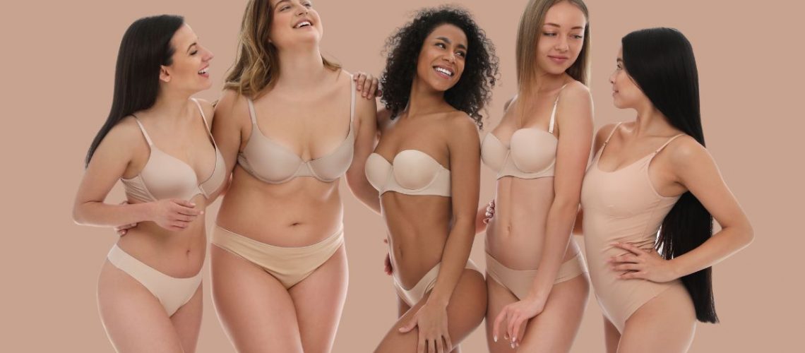 group of women in different body sizes wearing bathing suits