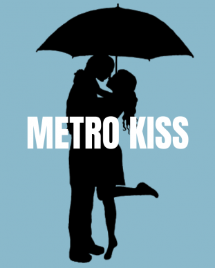 A man and woman's silhouette standing under an umbrella advertising 